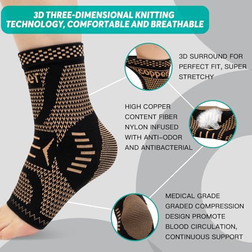 INDEEMAX Ankle Brace for Women & Men, Ankle Compression Sleeve Support Copper Infused Ankle Brace for Sprained Ankle, Plantar Fasciitis Sports, Achilles Tendonitis Pain Relief, Copper Black, S Small