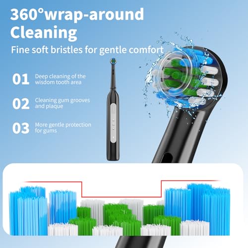 Rotating Electric Toothbrush - 3 Cleaning Modes, Smart Memory & 2-Minute Timer, Type-C Rechargeable Sonic Toothbrush with Low Battery Alert, Includes 8 Replacement Brush Head (Black) Black
