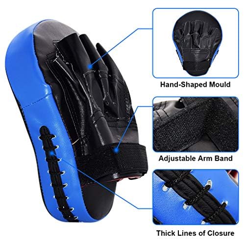 TLBTEK Taekwondo Kick Shield - Muay Thai MMA Karate Kickboxing Training Pads - Curved Leather Strike Shield Blue 2 punching mitts+1 kick pad