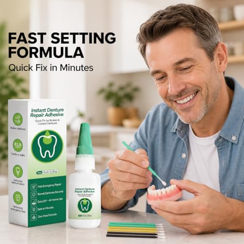 Dental Lab Instant Bonding, Professional Denture Repair Adhesive Kit, Fast Setting in 1 Min, Fix Broken Dentures &Retainer at Home, Strong Dental Adhesive Glue with Tools (10ML) Denture Use