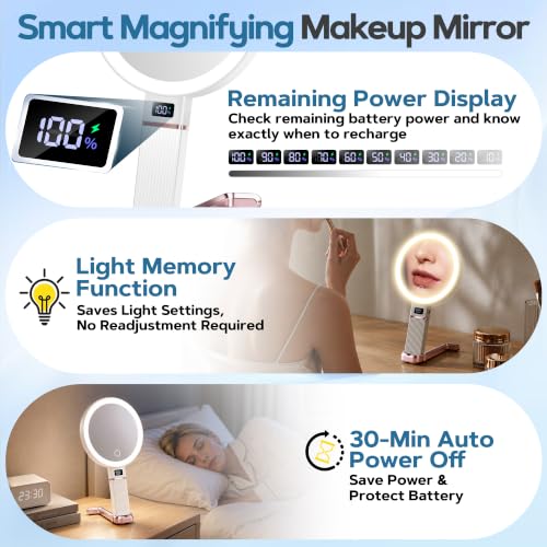 30X Travel Magnifying Mirror with Light, Height Adjustable Vanity Mirror with Phone Holder Stand, Portable Compact Handheld Makeup Mirror with Smart Display for Travel, Daily Makeup Use, Rosegold