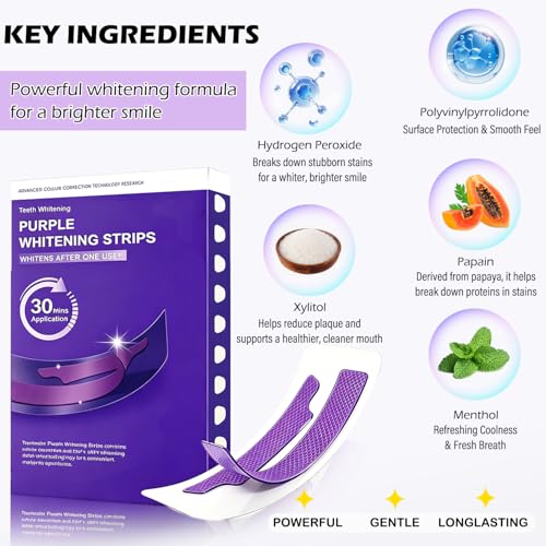 Purple Teeth Whitening Strips for Teeth Whitening, (21 Treatments) Enamel Safe Whitening Strips for Sensitive Teeth, Instant Enzyme Stain Removing Teeth Whitening Kit, Non-Slip Whitening Strips