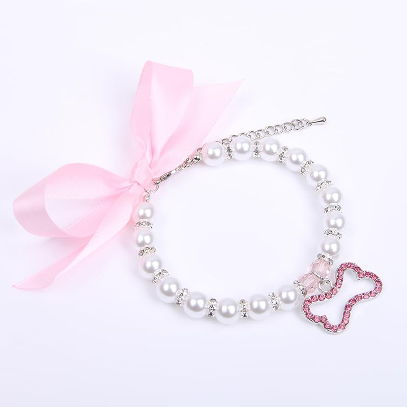 Dog Cat Pearls Necklace Collar with Rhinestones Bone Charm Pendant Pet Puppy Jewelry Accessory (Pink, Small) Pink - BeesActive Australia