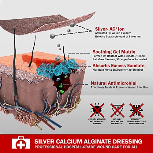 EVERLIT AG Silver Calcium Alginate Wound Dressing | Absorbent Non-Stick Sterile Dressing Pad | Gentle Gauze with Natural Gelling Fiber for Wound Care 4" x 4" | Pack of 5