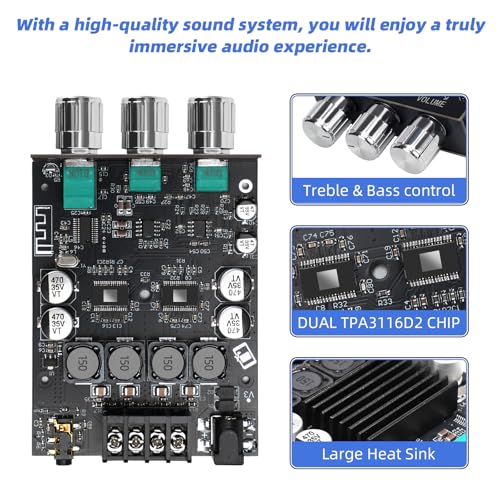 ZK-1002T Bluetooth 5.0 Stereo Amplifier Board, 200W HiFi 2.0 Channel Mini Audio Amp Module with Treble & Bass Control, AUX Input, DC 12V-24V for DIY Speakers,Home Audio ZK-1002T