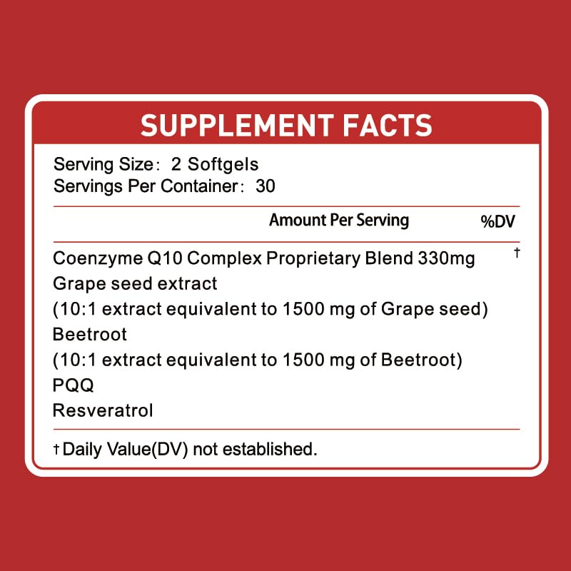 5-in-1 630mg Coenzyme Q10 Complex Proprietary Blend with Grape Seed Extract, Beetroot, Resveratrol & PQQ - Support Cardiovascular Function* & Myocardial Cell*, Maintain Heart Health*