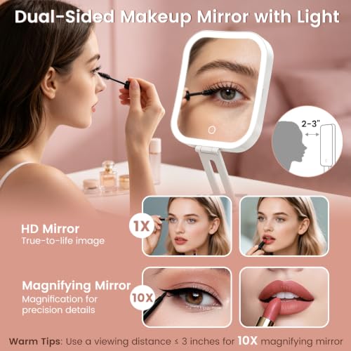 Travel Makeup Mirror with Lights,1X/10X Magnifying Mirror Foldable