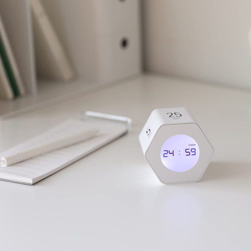 mooas Multi-Hexagon Clock Cube Timer, Digital Clock Time Timer, Pomodoro Timers, Backlit Display 12/24H Mode Count up & Countdown, Rotating Various time presets ideal for Classroom Gym Kitchen (White) White, Mint, Yellow
