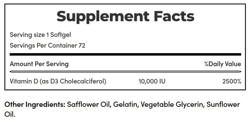 Nature's Bounty, Ultra Strength D3-10,000 IU, 72 Softgels (2pack) 1 Count (Pack of 2)