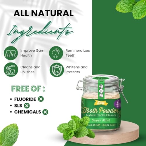 The Dirt - Remineralizing Tooth Powder, Natural Fluoride-Free Teeth Whitening Powder with Hydroxyapatite, Flouride & Gluten Free, Organic Vegan (Super Mint, 51g: 6 Month Supply) Super Mint 1.7 Ounce (Pack of 1)