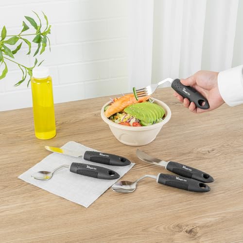 Restaurantware Adaptive Utensils - 1 count Stainless Steel, 9.84 x 5.12 x 1.57 Inches, Ergonomic Eating Aids, Non-Slip Utensil Set for Arthritis, Secure Grip Design, Black 5-Piece, Right Hand