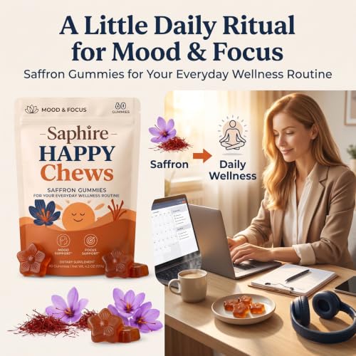 Saphire Happy Chews Saffron Gummies, 60 Count Vegan Daily Wellness Supplement Red
