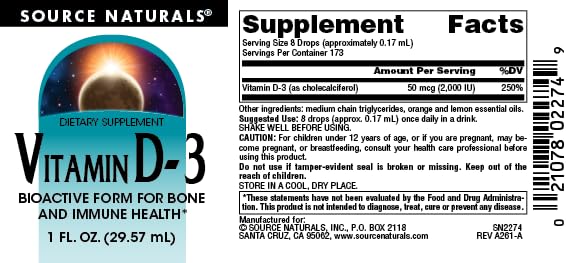 Source Naturals, Vitamin D-3 Liquid Drops 2000 IU - 1 Fluid oz. | Bioactive Form For Bone And Immune Health* 1 Fl Oz (Pack of 1)