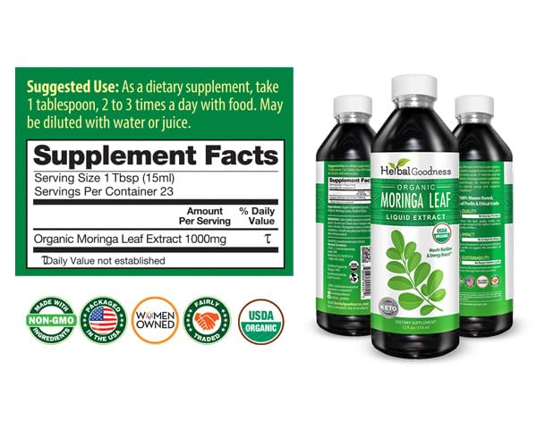 Herbal Goodness Organic Moringa Leaf Extract Liquid 12 Fl. oz - Tincture | Energy & Immune Support, Organic and Highly Bioavailable Alternative to Moringa Capsules & Powder Organic, Non-GMO