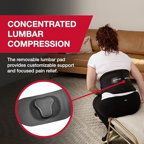 MUELLER Sports Medicine Adjustable Lumbar Back Brace, Lower Back Pain Relief and Support Belt for Men and Women, Black, One Size Fits Most