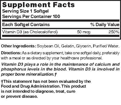 Nature's Blend Vitamin D3 50 MCG (2000 IU) Easy-to-Swallow, 100 SOFTGELS