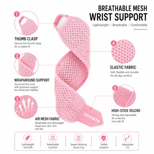 2 Pack Pink Wrist Support Brace, Adjustable Breathable Wrist Wrap