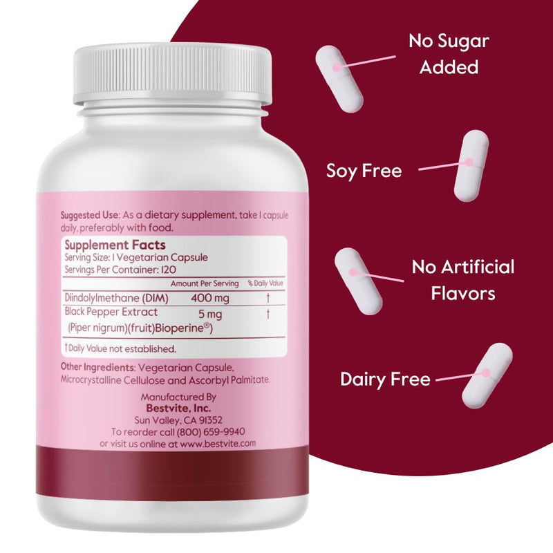 BESTVITE DIM (Diindolylmethane) 400mg w/Bioperine (240 Veg Caps) (120x2) | High Strength - Vegan - No Stearates - Gluten Free - Supports Estrogen Metabolism* - Hormone Balance for Men & Women* 120 Count (Pack of 2)