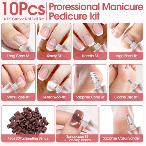 Haootadiy Electric Nail Drill File, Cordless Electric Nail Filer Buffer with Nail Drill Bits Sanding Bands Professional Manicure Pedicure Set for Nail Grind Trim Polish, for Women & Men