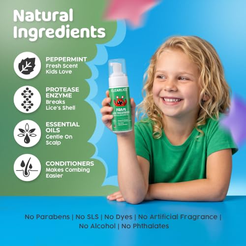Lice Treatment for Kids & Adults – Natural Enzyme Foam Head Lice Treatment Kit, Non-Toxic Lice Killer & Super Lice Treatment, Pesticide Free Lice Removal, Fresh Peppermint, 5oz