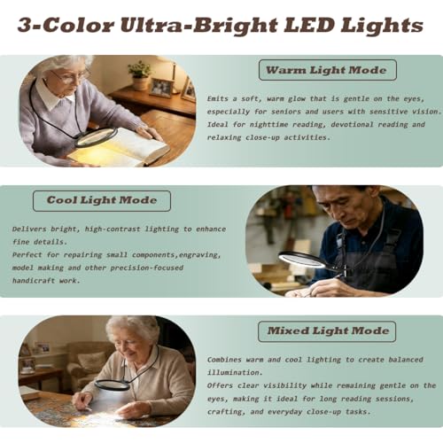 Hands Free Neck Wear Magnifying Glass with 30 LED Lights, Full Book Page 5X/10X Rechargeable Reading Magnifier Flexible Gooseneck Magnifiers for Seniors, Low Vision, Sewing, Crafts & Close Work Black