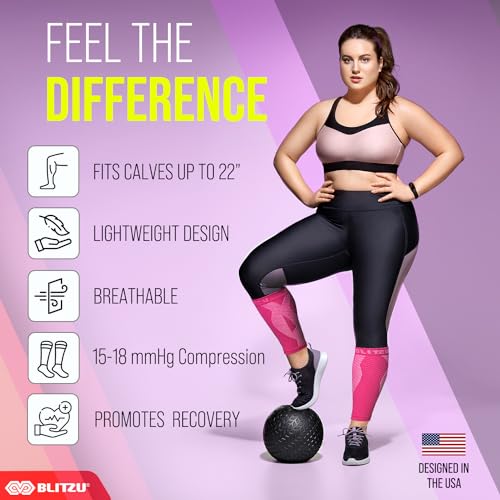 BLITZU 3 Pairs Calf Compression Sleeves for Women and Men Size S-M, One Black, Pink, Purple Calf Sleeve, Leg Compression Sleeve for Calf Pain and Shin Splints. Footless Compression Socks.