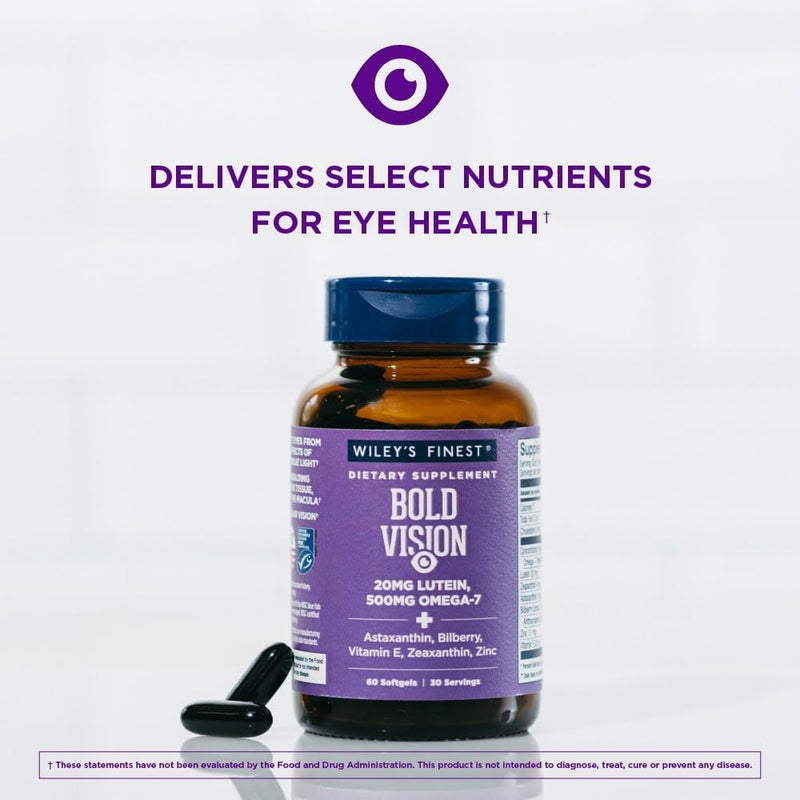 Wiley's Finest Wild Alaskan Fish Oil Bold Vision, 60 Softgels | Support Eye Health, Contains Astaxanthin, Zeaxanthin, Bilberry, Vitamin E and Zinc, 200 mg Lutein, 500 mg Omega-7