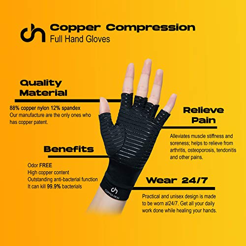 COPPER HEAL Copper Compression Gloves – Pain Relief for Arthritis, Carpal Tunnel & RSI – Fingerless Pair X-Large (1 Pair)