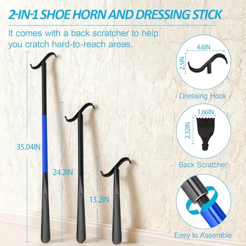 MXCOIRTP Assistive Device No Bending Kit for Elderly -Sock Aids, Foldable Reacher Grabber with 360° Rotating Jaw & Magnet, Long Shoe Horn Handle & Dressing Stick & Back Scratcher for Seniors, Disabled Black & Blue