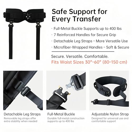 Gait Belt with Handles for Seniors, Metal Buckle, Black, M