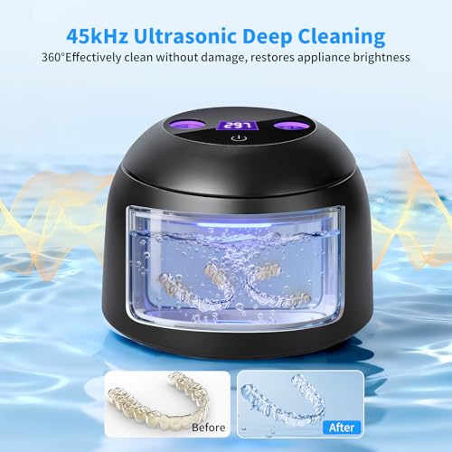 Ultrasonic Retainer Cleaner Machine, 45kHz Dental Ultrasonic Cleaner for Denture, Mouth Guard, Aligner, Braces, Toothbrush Heads, Jewelry, 5 Modes Cleaning, Digital Timer & 200ML Capacity Black