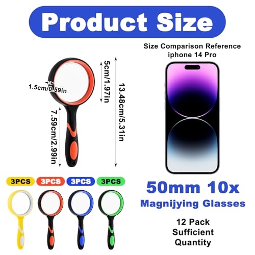 12 Pack Magnifying Glass, 50 mm 10 X Glasses Lens Reading Magnifier for Kids and Seniors, Non-Slip Handheld Magnifying Glass for Close Work, Nature Exploration