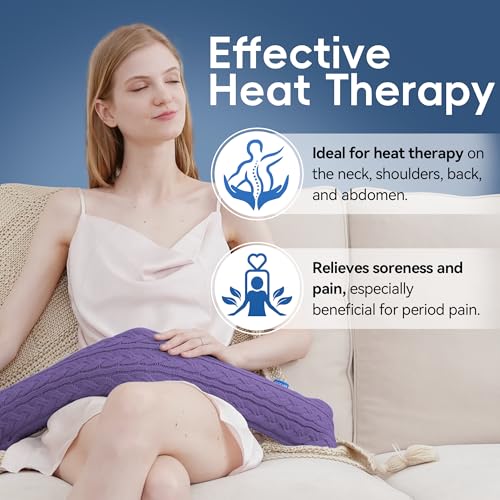 Hot Water Bottle with Knitted Cover, Hot Water Bag for Bed, Body Feet Warm, Pain Relief. Hot and Cold Therapies for Women Girls Seniors. Ideal Gift for Birthday, Womens', Christmas Day, Purple