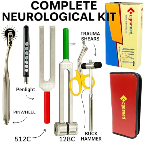 Cynamed Set of 6 pcs Reflex Percussion Buck Hammer + Penlight +Tuning Fork C 128 C 512 + Bandage Scissors 7.25" + Wartenberg Pinwheel (Set of 6)