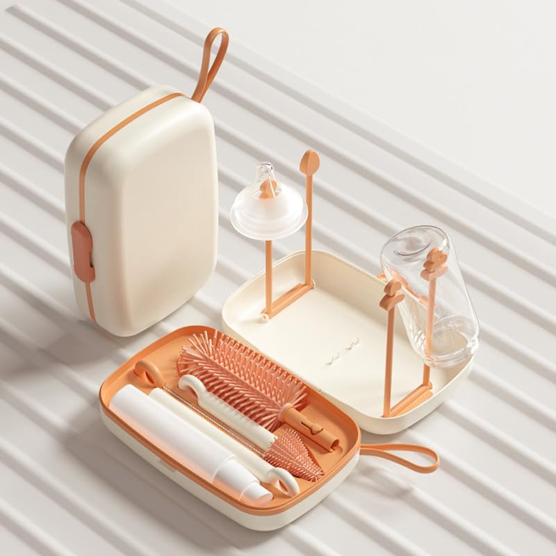 Travel Bottle Cleaner kit, 7in1 Baby Travel Essential Silicone Travel Bottle Brush Set, Nipple, Drying Rack, Straw, & Breast Pump Cleaning, Soap Dispenser & Organizer Case, Gift for Mom (White) White - BeesActive Australia