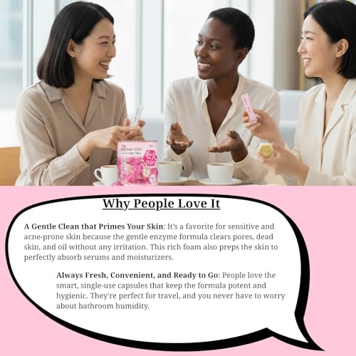 Japanese Powder Face Wash 0.4g 32pcs 1pack - Gentle Exfoliating Enzyme Cleanser for Smooth, Even skin tone - Travel-Friendly & Hygienic - Moisturizing Rice Powder Cleanser - Pink Pink 0.4g 32pcs 1