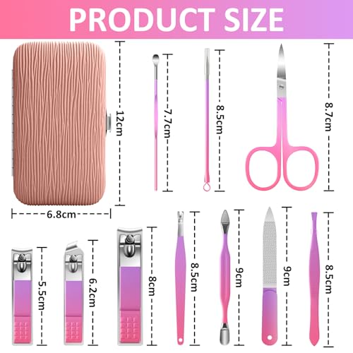 BLESWIN 10 in 1 Manicure Pedicure Kit, Manicure Kit for Women Professional, Mens Nail Grooming Kit, Manicure Tools Gift for Luxury Leather Travel Case for Family Friends (Pink & Purple) 5-Gradient Pink & Purple