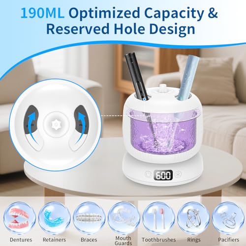 2025 Upgraded Ultrasonic Retainer Cleaner Machine,Separate Retainer Cleaner for Night Guards, Braces, Aligner, Toothbrush, Jewelry, 4 Modes Denture Cleaner & Removable Base and Top Cover(White)