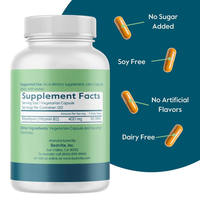 BESTVITE Vitamin B-2 (Riboflavin) 400mg (240 Veg Caps) (120x2) | High Potency - No Stearates - Vegan - Non GMO - Gluten Free - Energy, Skin & Cellular Health* 240 Count (Pack of 1)