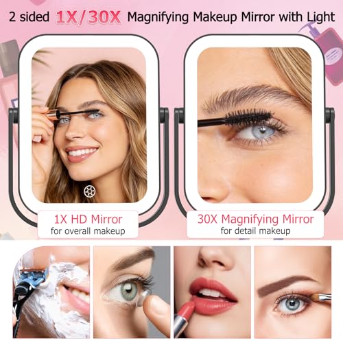 FUNTOUCH 30X/1X Travel Magnifying Mirror with Light, Black