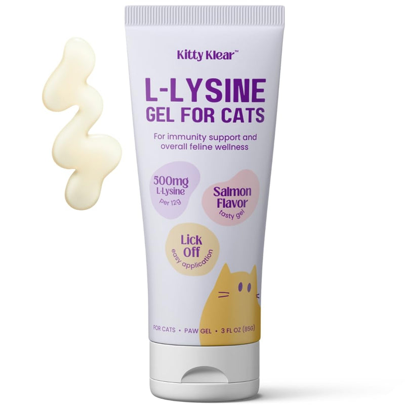 L-Lysine Gel for Cats - 500mg Cat Vitamins Supplement for Immune, Respiratory & Eye Support - Salmon Flavor, Easy Paw Application Gel