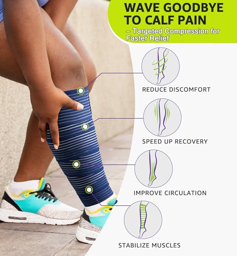 HiRui Calf Compression Wraps, 71" Adjustable Elastic Bandage Sleeves, Lower Leg Calf Support for Men & Women, Shin Splints Relief, Varicose Veins, Fitness, Running, Basketball, Soccer (2, Navy Blue) 2
