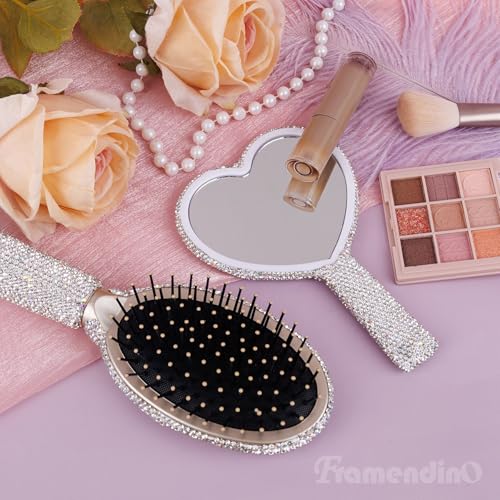 Framendino, Rhinestone Heart-Shaped Handheld Mirror and Bling Hair Brush Set for Women