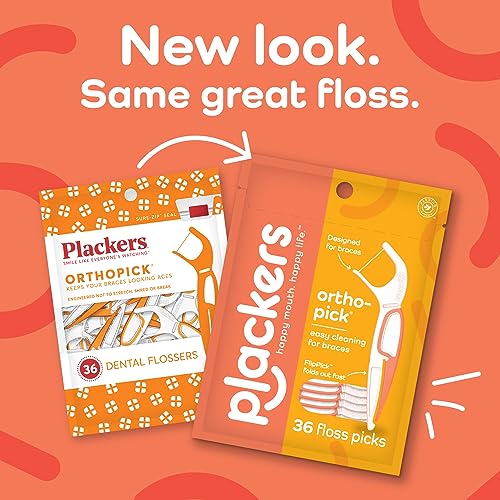 Plackers OrthoPick® Floss Picks Designed for Braces, Tuffloss® Made Without PTFE, FlipPick® Clean Between Brackets, 36 Count (8 Pack) 36 Count (Pack of 8)