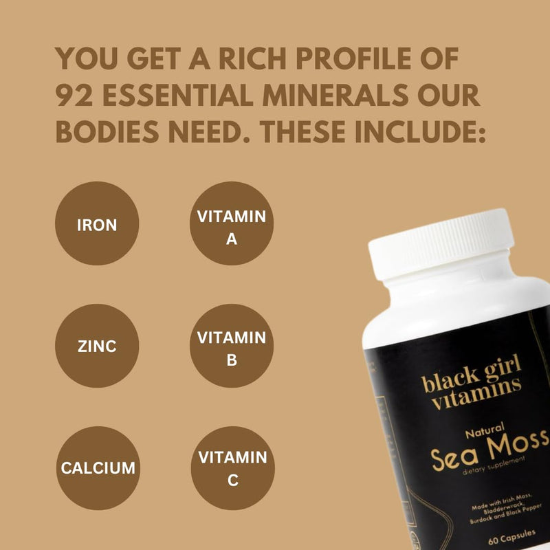 Black Girl Vitamins Organic Sea Moss Capsules – 92 Minerals Superfood Supplement | Vegan Sea Moss Pills for Thyroid, Digestive & Immune Support | Black-Owned, Non-GMO