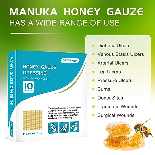 Manuka Honey Gauze Dressing 2"x2" Pack of 10, Manuka Honey Wound Care Bandage for Cuts, Scalds and Burns, Wound Dressing Products