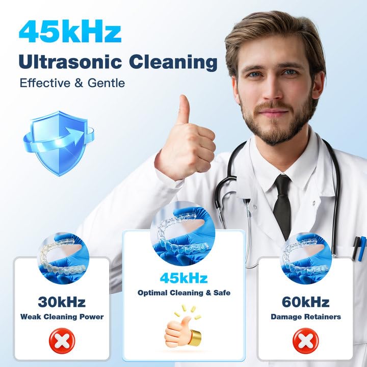 2X 360¬∞ Deep Cleaning,45kHz Ultrasonic Retainer Cleaner Machine with Light, 200ML Dental Cleaning Pod for Dentures, Mouth Guard, Night Guard, Aligner, Jewelry,3 Modes, White - BeesActive Australia