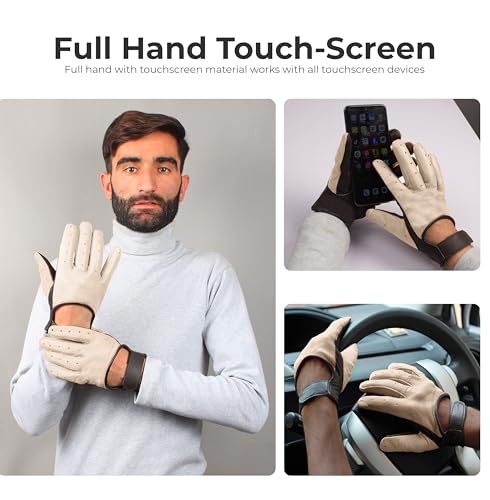 URBAN BUCK Men Winter Real Leather Bike Riding Stripe Perforation Touchscreen Lined Glove Harrison Beige Leather Gloves Medium