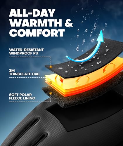 Winter Gloves Men Women Made with 3M Thinsulate, Lightweight Thermal Warm Gloves for Cold Weather with Touch Screen Fingers, Water Resistant Running Gloves for Cycling, Hiking, Driving Black Medium