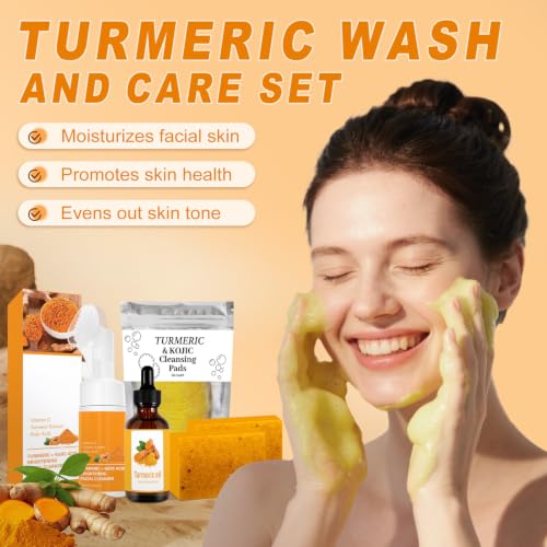 Turmeric Wash and Care 4 Piece Set,Turmeric Skincare Set: Turmeric Facial Cleanser,Cleansing Pad,Soap bar & Essential Oil, Deep Cleansing for Face & Body 5 Ounce (Pack of 1) orange